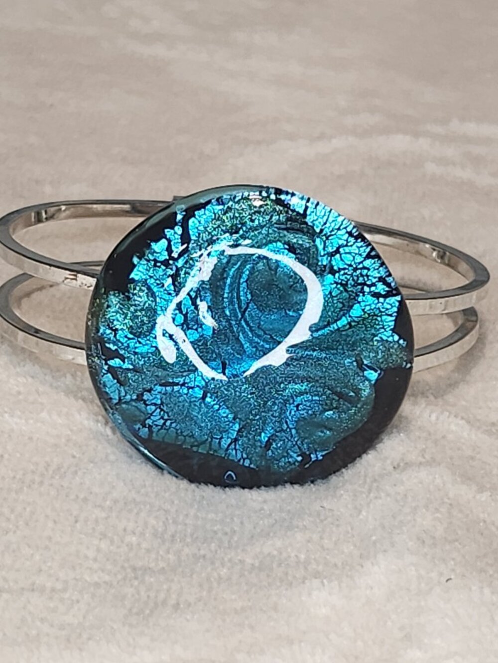 Vintage Murano Dichroic Glass Cuff Bracelet Silver Tone Blue Round Statement